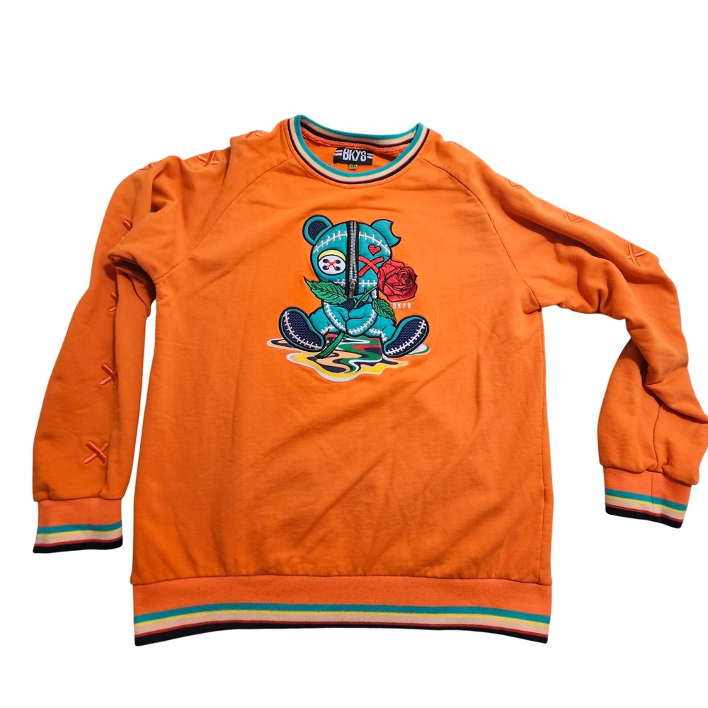 BKYS Sweatshirt 2XL Orange Embroidered Teddy Bear Rose Striped Trim Crewneck - Picture 1 of 9